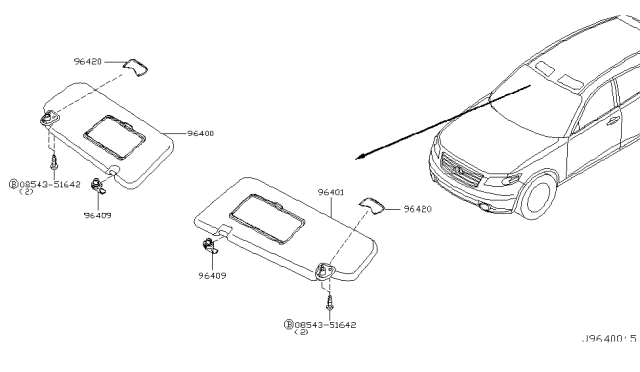 2005 Infiniti FX35 Passenger Sun Visor Assembly Diagram for 96400-CG200