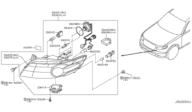 2008 Infiniti FX35 Right Headlight Assembly Diagram for 26010-CL04A