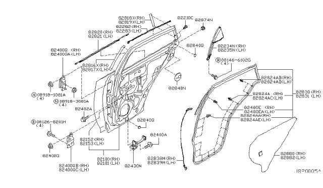 2003 Infiniti FX45 Rear Door Panel & Fitting Diagram