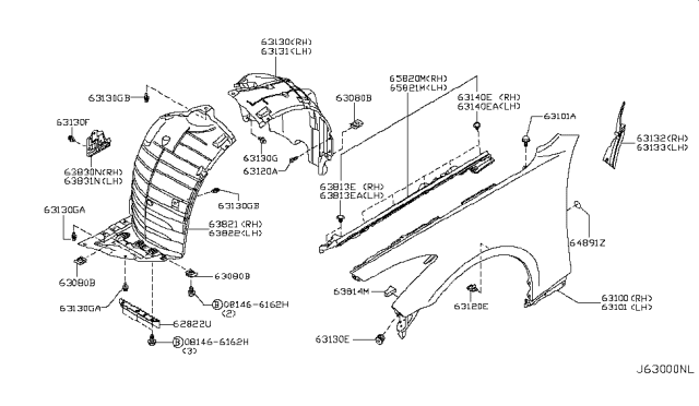 2015 Infiniti Q60 Convertible Front Fender & Fitting Diagram 1