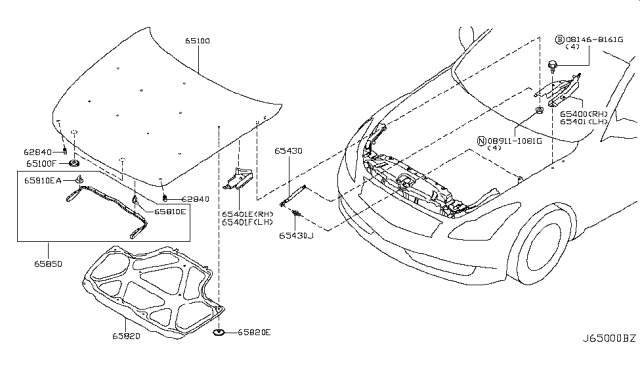 2011 Infiniti G37 Convertible Hood Panel,Hinge & Fitting Diagram