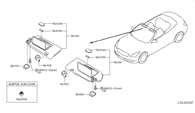 2011 Infiniti G37 Passenger Sun Visor Assembly Diagram for 96400-JJ51A
