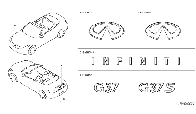 2009 Infiniti G37 Emblem & Name Label Diagram