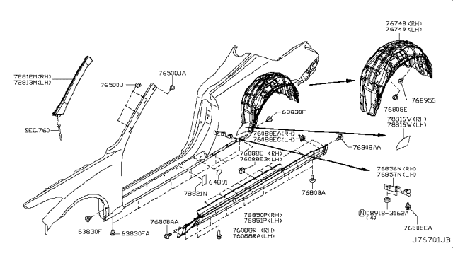2014 Infiniti Q60 Protector-Rear Wheel House,RH Diagram for 76748-JJ50A