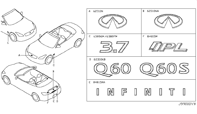 2014 Infiniti Q60 Radiator Grille Emblem Diagram for 84890-JJ50A