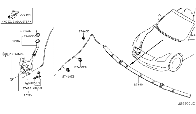 2011 Infiniti G37 Windshield Washer Tank Assembly Diagram for 28910-JK600