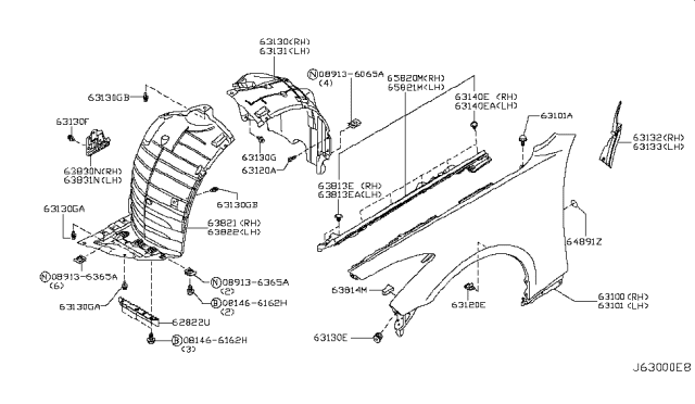 2014 Infiniti Q60 Convertible Front Fender & Fitting Diagram 2