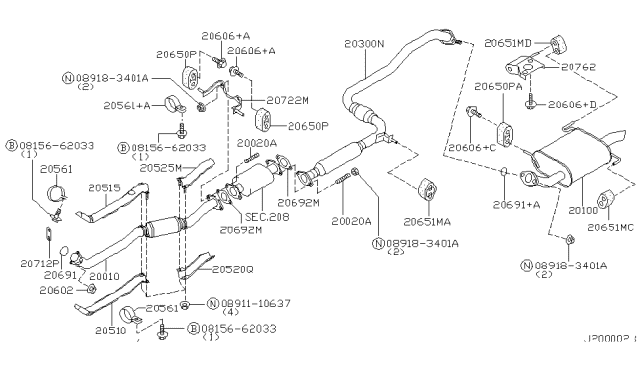 1999 Infiniti G20 Front Exhaust Tube Assembly Diagram for 20010-7J400