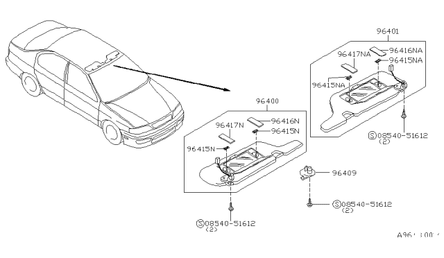 2001 Infiniti G20 Passenger Sun Visor Assembly Diagram for 96400-7J100