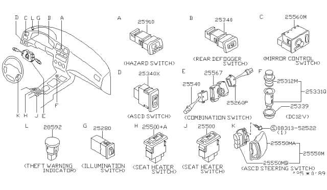 1999 Infiniti G20 Switch Assy-Rear Defogger Diagram for 25350-3J105