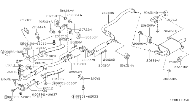 2000 Infiniti G20 Front Exhaust Tube Assembly Diagram for 20020-6J900