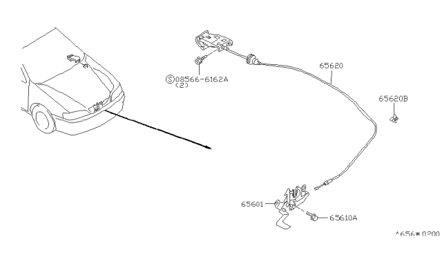 2002 Infiniti G20 Hood Lock Control Cable Assembly Diagram for 65620-7J100