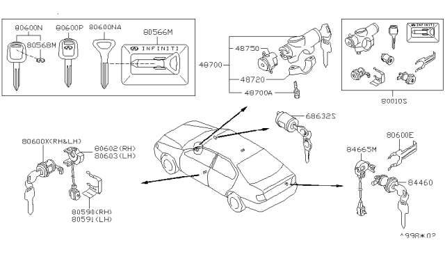 2002 Infiniti G20 Key Set-Cylinder Lock Diagram for K9810-7J400