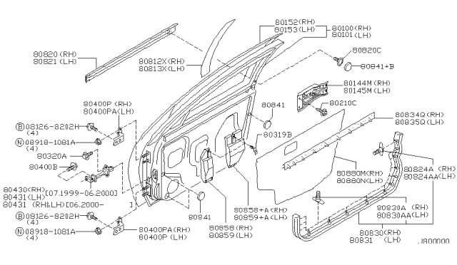 2002 Infiniti G20 Front Door Panel & Fitting Diagram 1