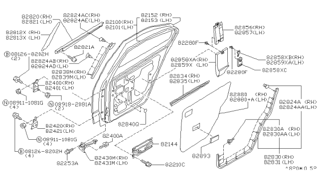 2000 Infiniti G20 Rear Door Panel & Fitting Diagram 1