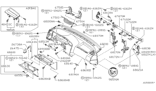 2001 Infiniti G20 Protector Assembly-Knee, Inner Diagram for 67504-7J400