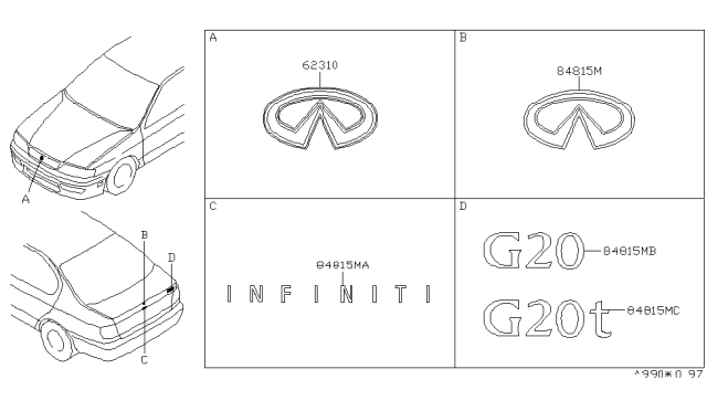 2001 Infiniti G20 Front Grille Logo Hatchback Emblem Diagram for 62890-7J100