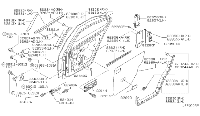 2001 Infiniti G20 Rear Door Panel & Fitting Diagram 1