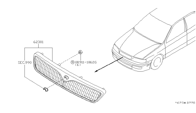 2002 Infiniti G20 Front Radiator Grille Assembly Diagram for 62310-7J181