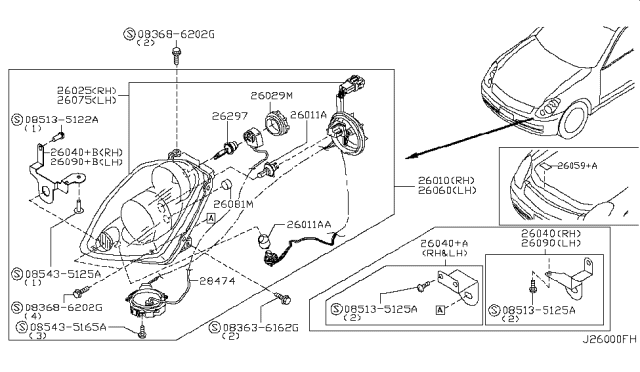 2007 Infiniti G35 Right Headlight Assembly Diagram for 26010-AC70A