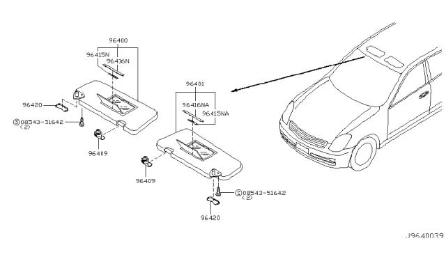 2003 Infiniti G35 Passenger Sun Visor Assembly Diagram for 96400-AM660