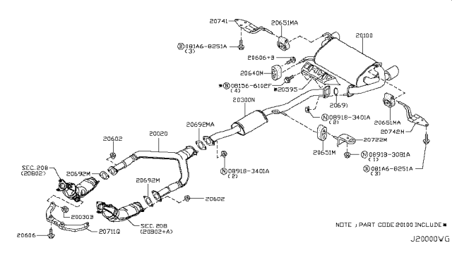 2005 Infiniti G35 Exhaust Sub Muffler Assembly Diagram for 20300-AM670
