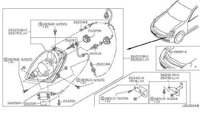 2003 Infiniti G35 Right Headlight Assembly Diagram for 26010-AL527