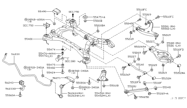 2003 Infiniti M45 Rear Right Suspension Arm Assembly Diagram for 55501-AG000