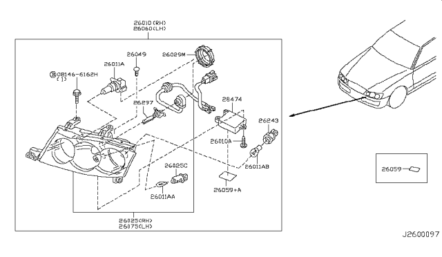 2004 Infiniti M45 Left Headlight Assembly Diagram for 26060-CR925