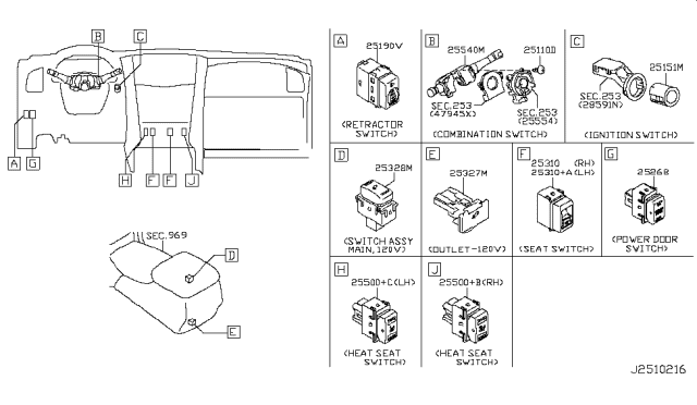 2014 Infiniti QX80 Switch Assy-Retractor Diagram for 25190-5ZA0A