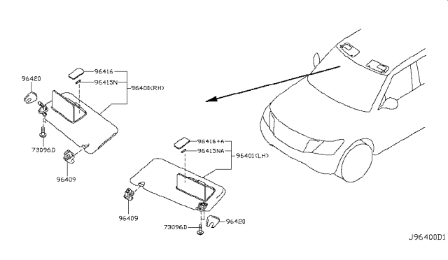 2018 Infiniti QX80 Driver Sun Visor Assembly Diagram for 96401-1LA3D