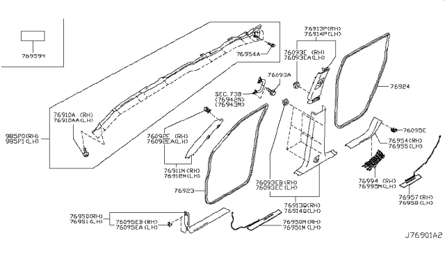 2019 Infiniti QX80 GARNISH-Center Pillar Upper LH Diagram for G6914-1A60A