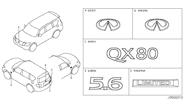 2019 Infiniti QX80 Front Fender Emblem Diagram for 63890-3ZD0A