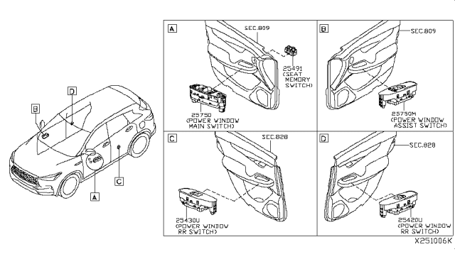 2019 Infiniti QX50 Main Power Window Switch Assembly Diagram for 25401-5NA0A