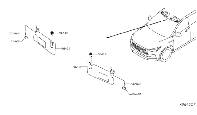 2019 Infiniti QX50 Driver Sun Visor Assembly Diagram for 96401-5NA0A