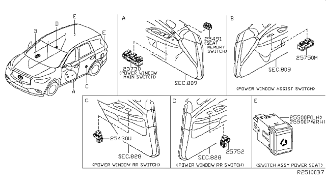2014 Infiniti QX60 Rear Power Window Switch Assembly Diagram for 25421-3JA1A