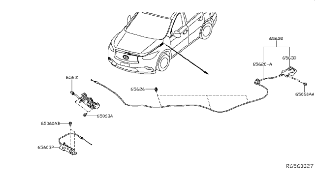 2013 Infiniti JX35 Hood Lock Control Cable Assembly Diagram for 65620-3JA1A