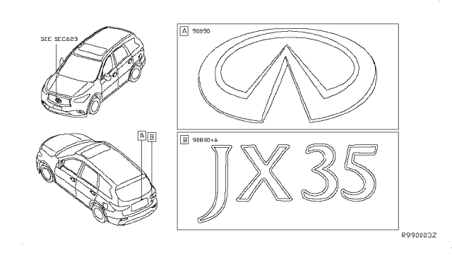 2013 Infiniti JX35 Emblem & Name Label Diagram 1