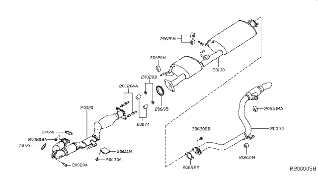 2016 Infiniti QX60 Front Exhaust Tube Assembly Diagram for 20020-9NB0B