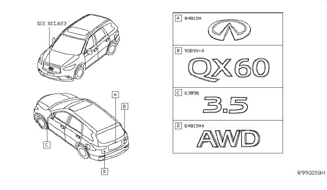 2018 Infiniti QX60 Front Fender Emblem Diagram for 63890-9NA2A