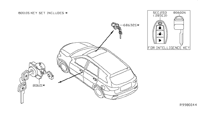 2016 Infiniti QX60 Cylinder Set Glove Box Lid Diagram for F8632-3JA0A