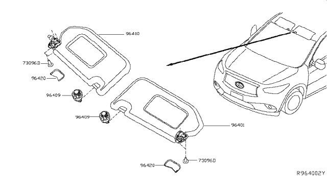 2014 Infiniti QX60 Passenger Sun Visor Assembly Diagram for 96400-3JA0A