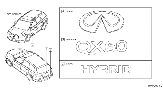 2015 Infiniti QX60 Front Fender Emblem Diagram for 63890-9NA0C