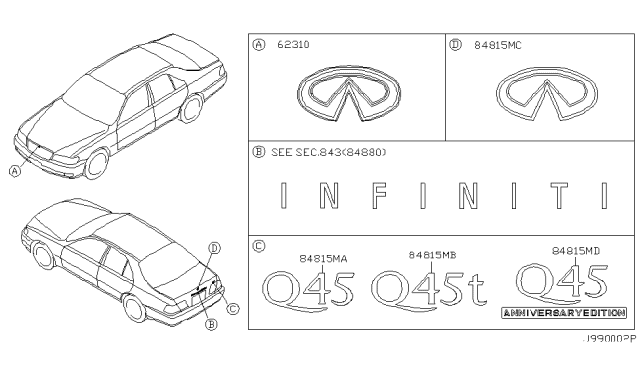 1999 Infiniti Q45 Trunk Lid Emblem Diagram for 84890-6P100
