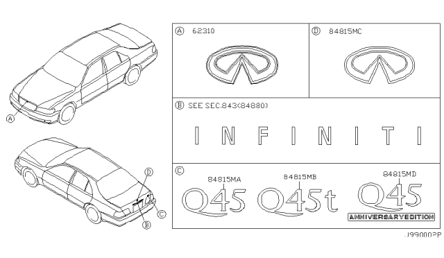 1999 Infiniti Q45 Gold Plated Front Emblem Logo Diagram for 62890-3H510