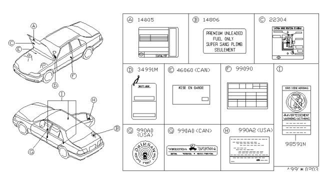 1997 Infiniti Q45 Caution Plate & Label Diagram