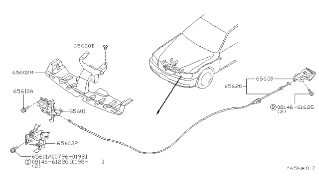 1999 Infiniti Q45 Hood Lock Control Cable Assembly Diagram for 65621-6P100