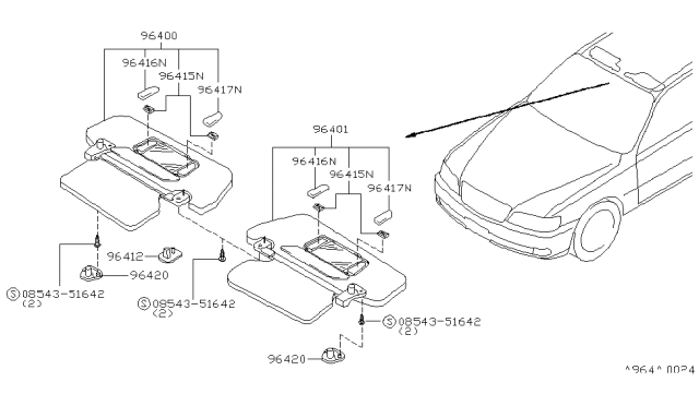 1997 Infiniti Q45 Passenger Sun Visor Assembly Diagram for 96400-6P104