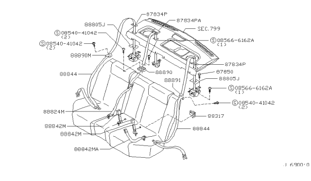 1999 Infiniti Q45 Belt Assembly-Rear Seat Tongue Diagram for 88844-6P163
