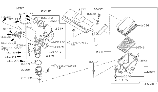 2001 Infiniti Q45 Air Cleaner Diagram for 16500-6P000